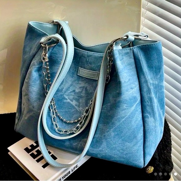 Fashion bags Handbags - NWOT~Large Capacity Tote bag, Chain adorned Denim Jean Shoulder bag